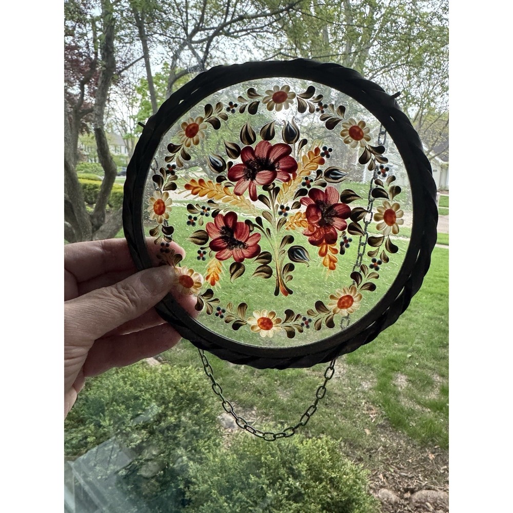 Vintage 1970s Hand Painted Floral Glass Suncatcher Poppy Wheat Metal Frame